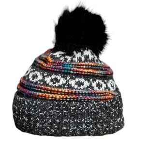 Winter Hat Black Womens Diamond Print Beanie Hat Faux Fur Pom Warm